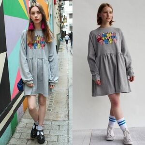 LAZY OAF Dancing Bear Graphic Long Sleeve Babydoll Sally Sack Sweatshirt Dress M